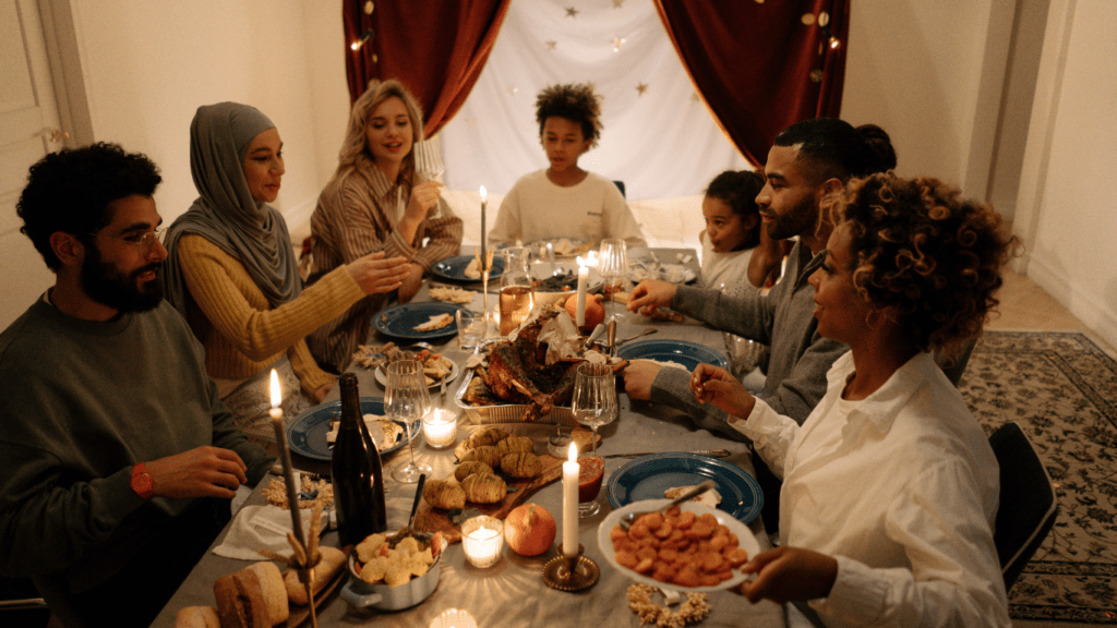 A family celebrating Christmas at home.