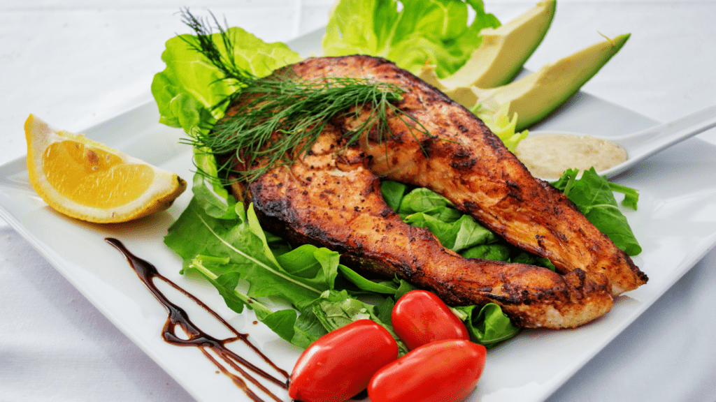 grilled salmon on a white plate